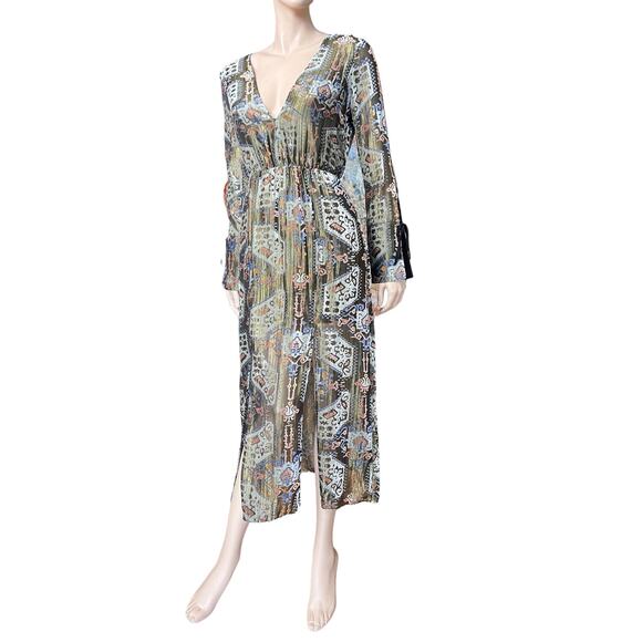 Topshop Metallic Devore Plunge Neck Skater Dress Size 4 Long Sleeves V Neckline - Picture 2 of 16